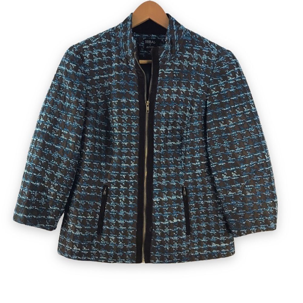 Tribal blue & brown‎ tweed-like jacket size 8